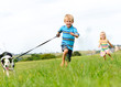 Happy children running outdoors with dog